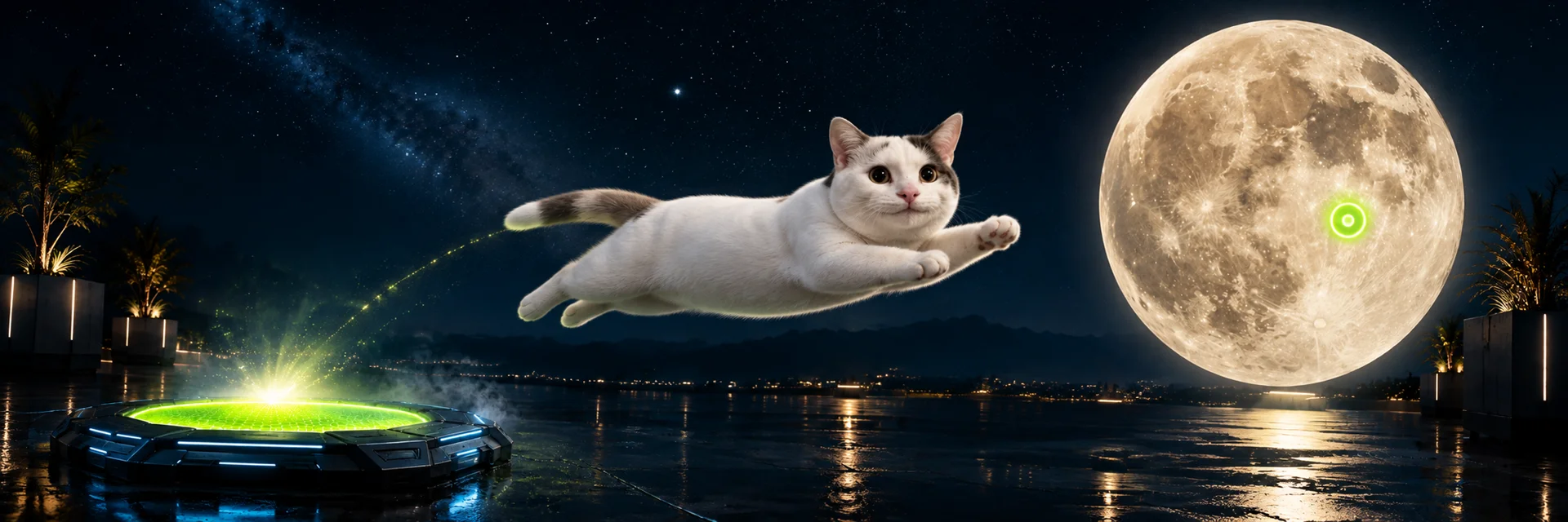 Beluga mid-flight between a glowing bounce pad and the Moon